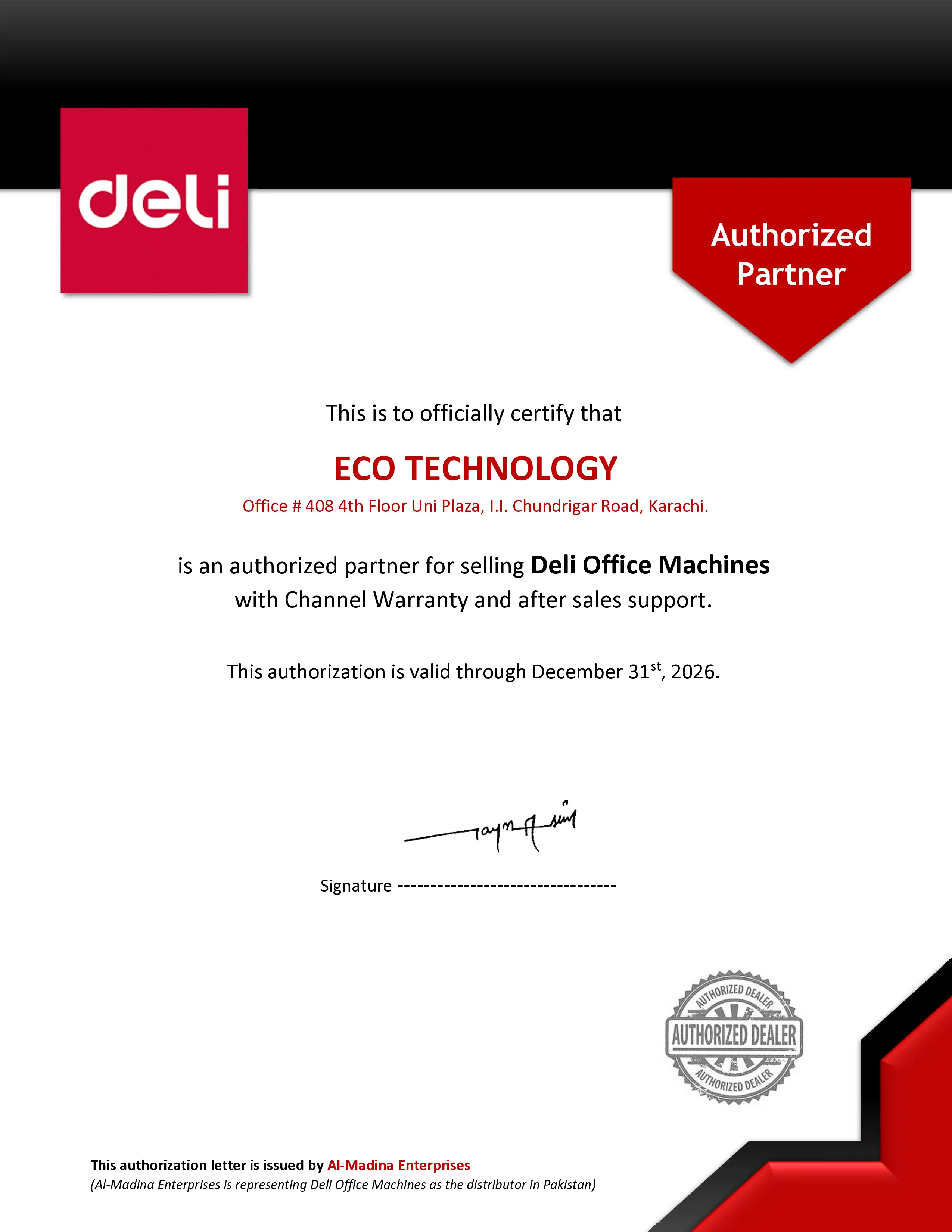 Deli Authorized Partner certificate